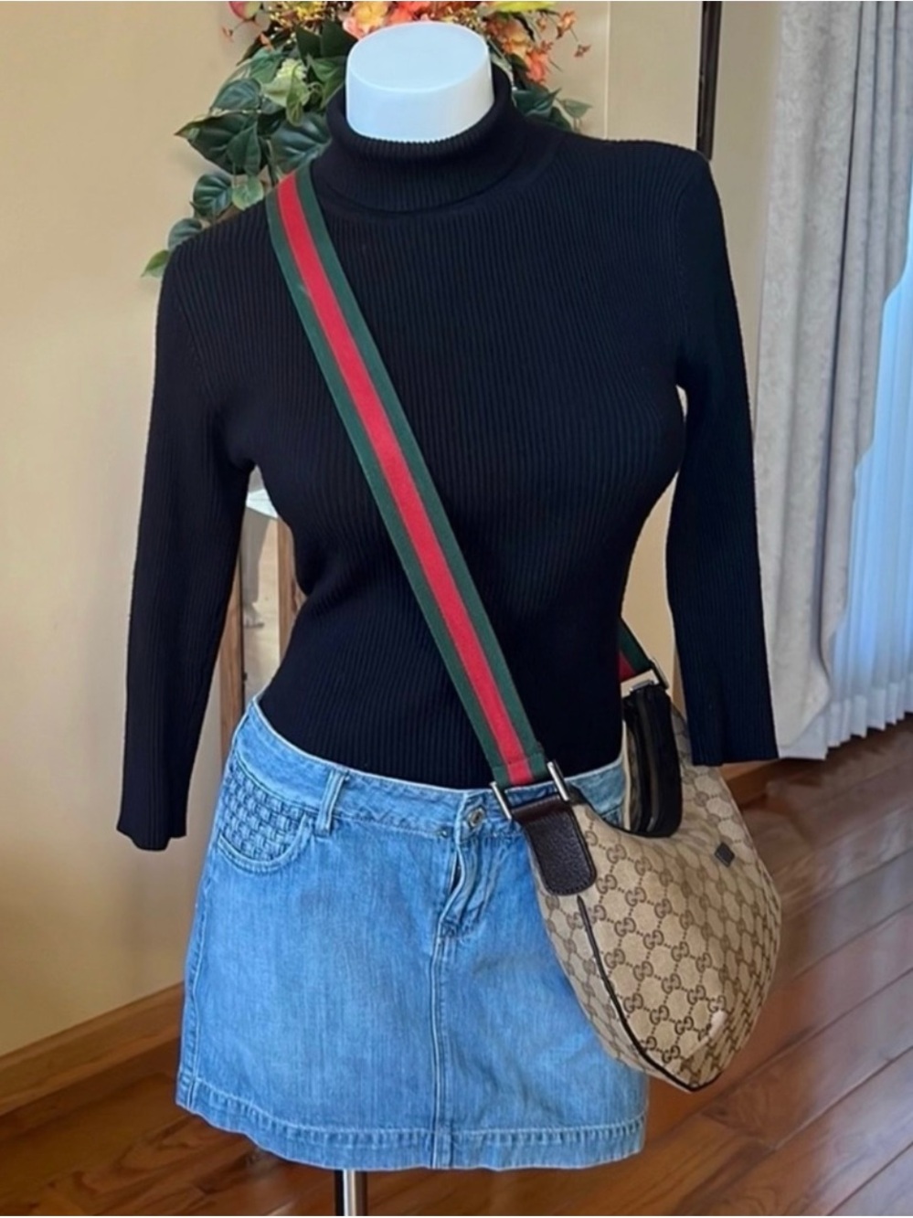 Gucci Beige Brown Monogram Crossbody with Green & Red Web Strap